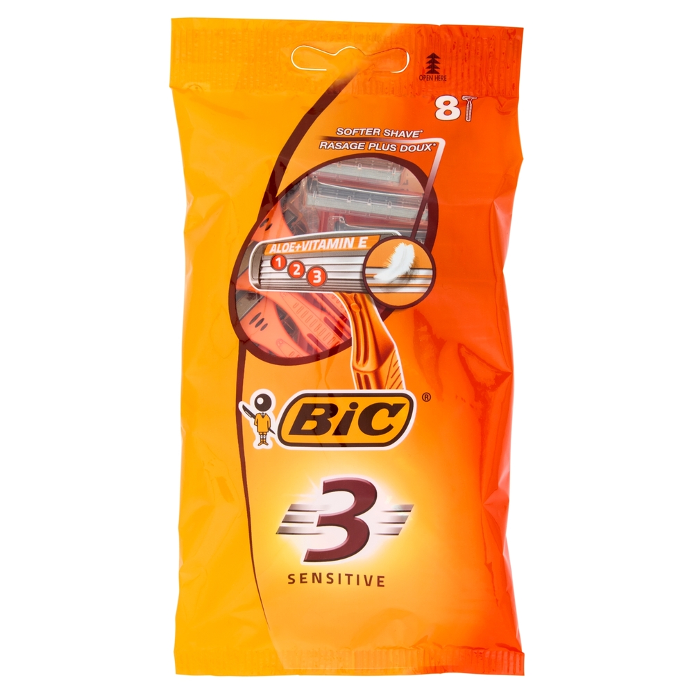 Bic 3 Sensitive Rasoi 3 Lame Usa e Getta da Uomo, 8 pezzi